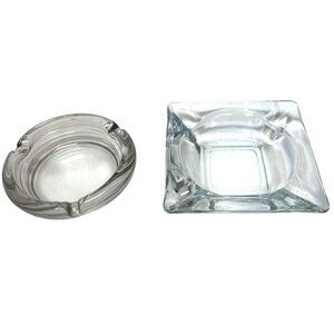 Lot Of 2 Vintage Glass Ashtrays Round &‎ Square Clear Thick Glass Anchor Hocking